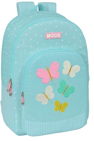 Safta MOOS BUTTERFLIES - Mochila Escolar, Adaptable a Carro, Ideal para Niños de Diferentes Edades, Cómoda y Versátil, Calidad y Resistencia, Color Azul Claro