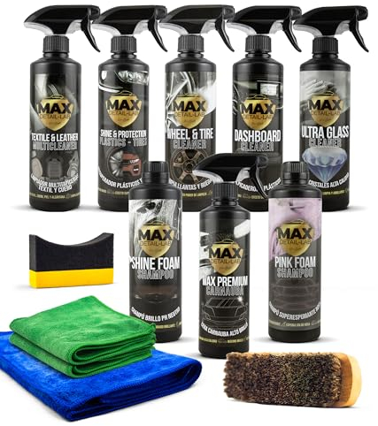 MAX DETAIL-LAB - Detailing Pack - Kit Nettoyage Voiture avec Accessoires, Lavage Extérieur Intérieur, Nettoyant Jantes, Shampoing, Cire Liquide, Brillant Pneu Plastique, Entretien Cuir Vitre Auto Moto