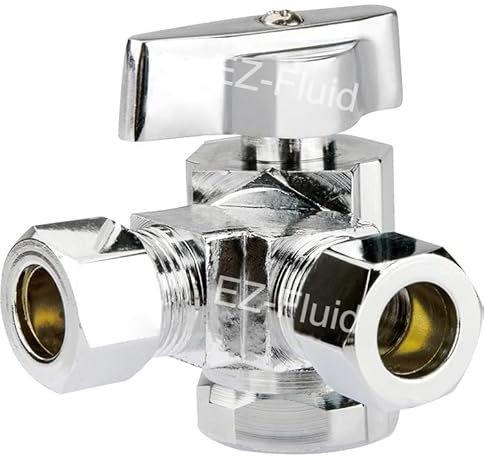 EZ-Fluid 1/2 Fip X 1/4Comp X 3/8Comp 1/4 Turn Dual Outlets Heavy Duty Chrome Brass Angle Stop Valve Water Shut Off Ball Valve (1)
