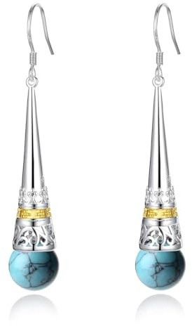 MetJakt Damen Ohrringe 925 Sterling Silber Hängend mit Perlen Vintage Antik Stil Tropfen Perlmutt Naturstein Perlen Lang Earrings für Frauen (Türkis)