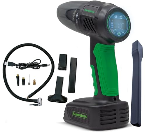Hammersmith AirStorm - Kabelloser Handstaubsauger & Luftkompressor mit SOS-Licht & umfangreichem Zubehör - Autoreifen aufpumpen - Kontrolle des Reifendrucks - Auto Staubsauger & Luftpumpe