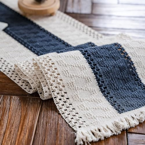 Weldomcor Makramee Baumwollflachs Mesh Tischläufer Blau 30x180cm | Rechteckige Abwaschbar Tischläufer mit Quasten, Boho Vintage Bauernhaus, Ideal für Küche Hochzeit Esszimmer Feierlichkeiten