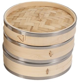 ANSNOW Vaporera de Bambú, Vaporera de Alimentos de Dos Nicon Tapa, Ideal para Cocina Asiática, Dim Sum, Albóndigas, Verduras, Pescado/D-21Cm