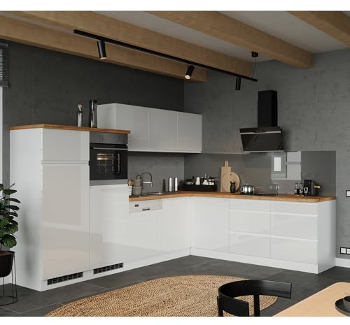 Lomadox Küche Küchenzeile Winkelküche 300/240cm, inkl. E-Geräte, in Hochglanz weiß, Arbeitsplatte Eiche