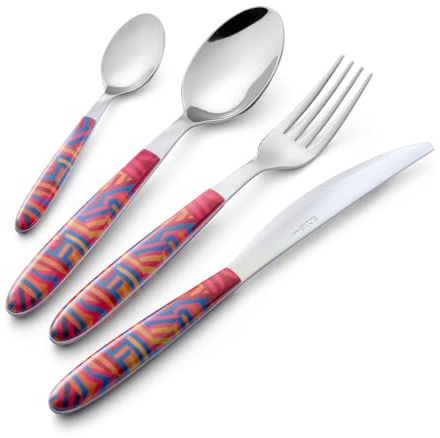Eme P13SVR/LI Servizio Posate 6 Coltello 6 Forchetta 6 Cucchiaio 6 Cucchiaino Confezione Salvaspazio, 24 Pezzi, Modello Vero, Decoro Linear, Nichel Free, Manicatura PBT Sublimato