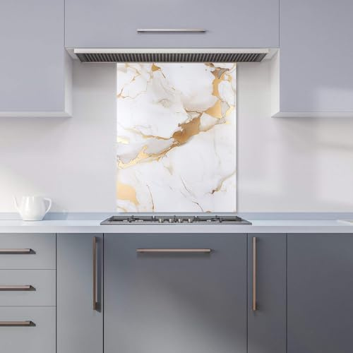 Warren Reed - Designer Premium White Marble With Gold Kitchen Splashback 6mm Toughened Glass Kitchen Splashback – Heat Resistant Splashback for Kitchens, Perfect for Cookers and Hobs, Polished Edges