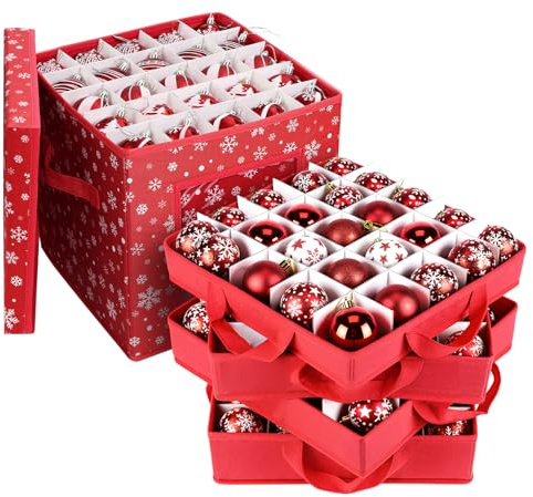 adorbox 4 Ebenen Weihnachtskugeln Aufbewahrung, 83 Fächer Aufbewahrungsbox für Weihnachtskugeln mit Verstellbaren Trennwänden, Deckel und Griffen, für Weihnachtsschmuck, 31x31x30cm, Rot