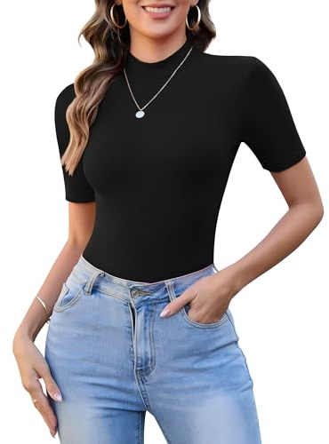SHAPERIN Femme Haut à Col Roulé T-Shirt Manches Courtes Chemise Décontractée avec Col Montant Tops Coupe Ajustée Slim Fit Tee Top Noir M