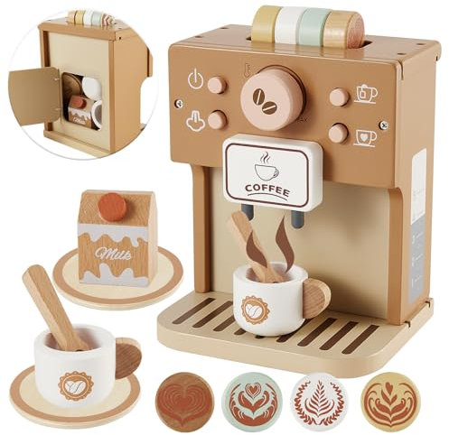 Buyger Accessoire Dinettes Cuisine en Bois pour Enfant Garçon Fille 3+ Ans, Cafetière en Bois Bébé Jouet, Jeu de rôle Éducatif Cadeau d'anniversaire pour Garçons Filles