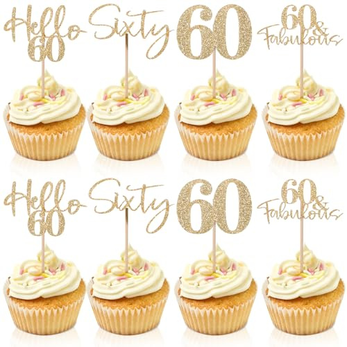 24 Stück Glitzer 60. Geburtstag Cupcake Topper Cupcake-Topper Zum 60. Jahrestag, Goldener Glitzer, 60 Geburtstag Deko Für Die Kuchendekoration Zum 60. Und Hochzeitstag