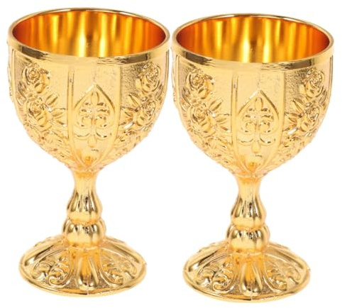 TOPPERFUN 2 Stück Whiskey Glass Weinkelch aus Metall mit Prägung Goldene Trinkgläser aus Zinklegierung Vintage Design für Partys und Wohndekoration