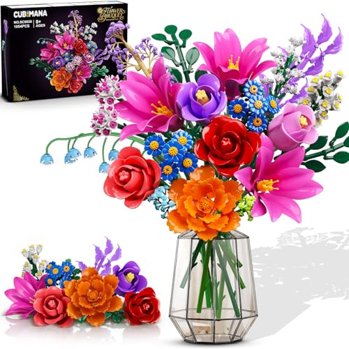 Bouquet Fleurs Kit Construction avec LED, 21 Plantes la Collection Botanique Jeu Blocs Construction, Roses Lys Décoration Maison Bureau, 1054 PCS Cadeau pour Femmes Adultes Enfants Filles 12+ (Rouge)