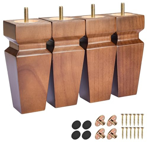 Btowin 8 inch Solid Wood Pyramid Furniture Legs with Countersunk Holes 4Pcs | Classic Walnut Finish with M8 Bolts, Mounting Plate & Screws for Easy DIY Installation. Fits Sofa, Cabinet, Bench & TV Stand