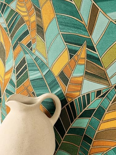 Newroom Vliestapete Grün Blätter Tapete Schlafzimmer Tropisch | Blätter Mosaik-Stil goldene Konturlinien Smaragdgrün Türkis Petrol Goldocker, Boho Tropical Art Deco, Mustertapete Wohnzimmer
