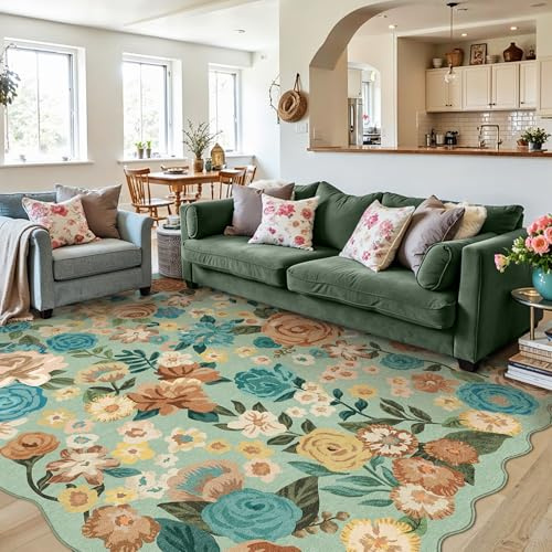HUGEAR Grön vardagsrumsmatta 160 x 230 cm halkfri matsal mattor maskintvättbar matta modern blommönster utomhus kort lugg stor storlek barnrum rug