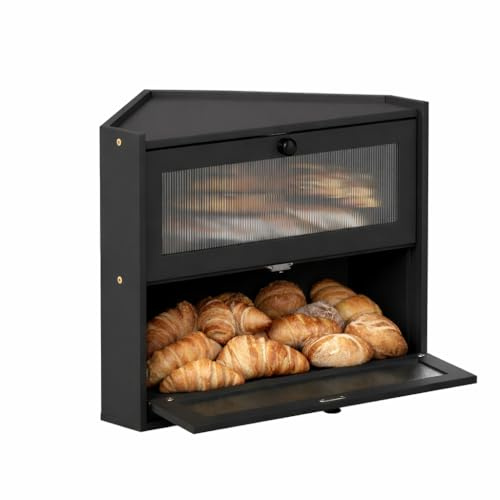EffiQ-Rate Boîte à Pain d'Angle Noire 2 Niveaux, Grand Bread Box en Bambou avec Fenêtre pour Plan de Travail, 42x30x35 cm Rangement en Bois pour Garder Pains Maison, Biscuits Frais