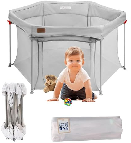 YUMBOT Parque Infantil Bebé, Parque de Juegos Plegable con Puerta,Parque Bebes para hexágono,Corralito Bebé con Malla Transpirable,Parque para Niños Pequeño,Cercado para Apartmento 135x135cm Gris