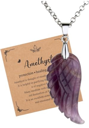JSDDE Collier Pendentif Aile d'Ange en Pierre Naturelle pour Femme Homme Collier Plume Pierre et Cristal Précieuse avec Chaîne Argent per Talisman Protection Bijoux Porte Bonheur Amulette (Améthyste)