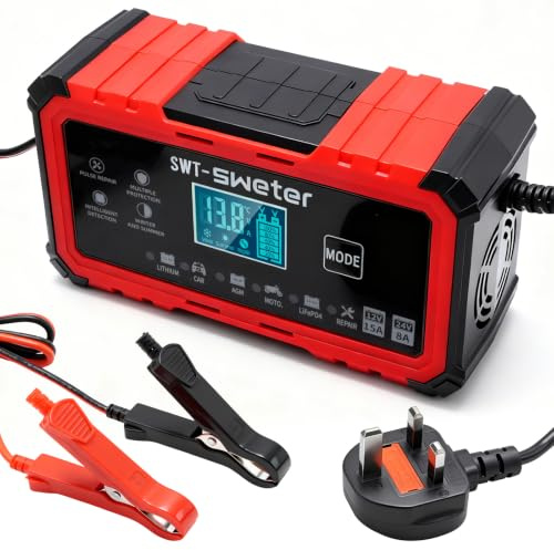MospdyGear 15A Car Battery Charger, 12V/24V Smart Fully Automatic Charger with LED Screen, Temperature Compensation for Lead Acid AGM Gel and LiFePO4 Batteries (Red)