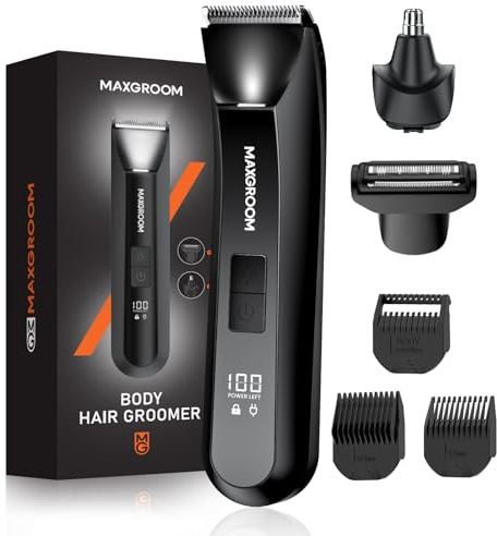 MAXGROOM 3 in 1 Manscape Body Hair Trimmer for Men, Pubic Hair & Ball Shaver with Controllable LED Light, IPX7 Waterproof Body Groomer, LED Display USB Type-C Rechargeable