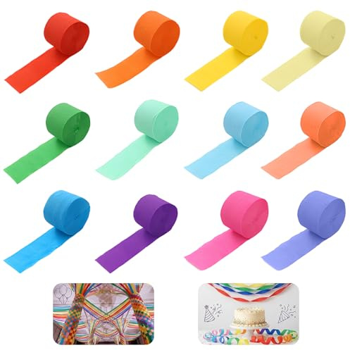 DASHUI 12 Rollen Krepppapier Bunt – 250 cm x 4,5 cm Crepe Papier für Basteln, Partydekoration, Hochzeit, Geburtstag, DIY Blumen & Luftschlangen