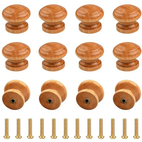 12 Pcs Wooden Drawer Knobs, Wooden Cabinet Knobs with Screws, Natural Solid Wood Cabinet Door Knobs Mushroom Round Furniture Handles Replacement for Cupboard Drawer Wardrobe Cabinet Pull Handles