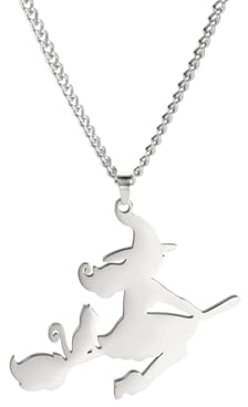 OAUWKEIY European and American style minimalist steel necklace with flying broomstick cat witch silhouette jewellery pendant necklaces for men women