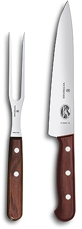 Victorinox Wood, Profi Tranchier-Set, 2-teilig, Tranchiermesser und Gabel, Rostfreier Stahl, Edler Holzgriff, braun