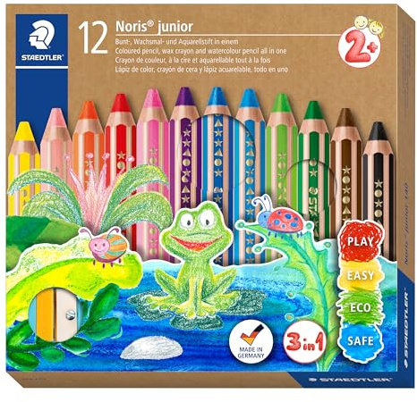Staedtler Noris Junior - Set Matite Colorate Pastelli a Cera e Matite Acquerellabili 3 in 1 + Temperino e Pennello, Matite Colorate Bambini Ideali per Disegnare e Dipingere, Colori Assortiti, 12 Pezzi