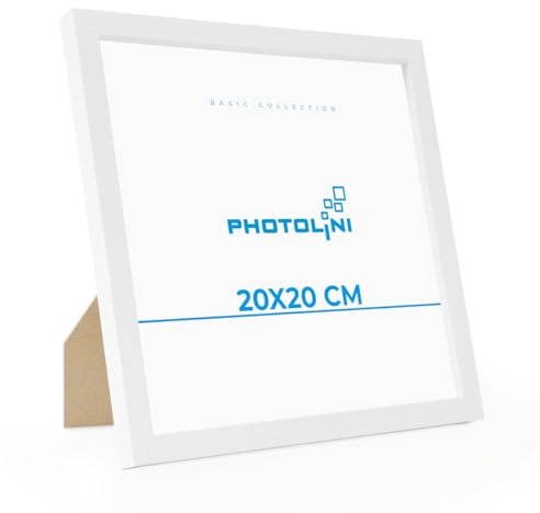 PHOTOLINI Bilderrahmen 20x20 Weiß MDF-Holz Poster-Rahmen, bruchsicheres Acrylglas, zum Aufhängen & Aufstellen, extra Zubehör - für Fotos & Poster