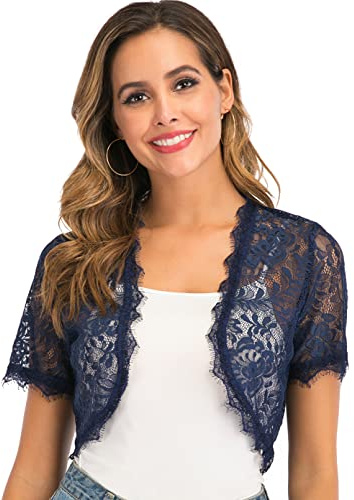 Enjoyoself Donna Coprispalle Ricamo Bolero Elegante Cardigan Corto Pizzo Giacca Piccola Shrug per Matrimonio Sposa Feste Party Cerimonia-Blu Marino/Maniche Corte/S