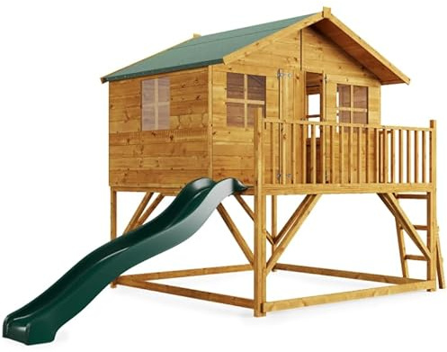 BillyOh Wooden Playhouse Kids | Step Ladder or Slide | Outdoor Toys Wendy House Garden Playhouses 6x7 | Lollipop Max Tower Floor, Roof & Felt Included (with Slide)