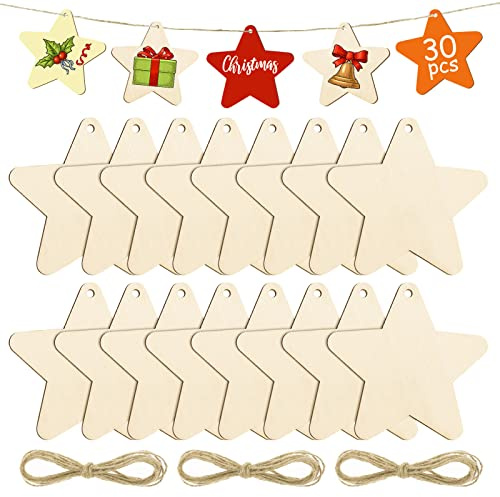 Kiiwah 30 Piezas Adornos Estrella de Madera de Colgantes de Navidad para DIY Adornos Arbol de Navidad