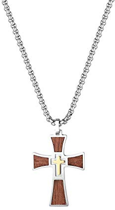 Flongo Herren-Kette Rosenkranz Holz Kreuz Kette Männer Anhänger Halskette Schwarz Silber Gold Herren-Accessoires