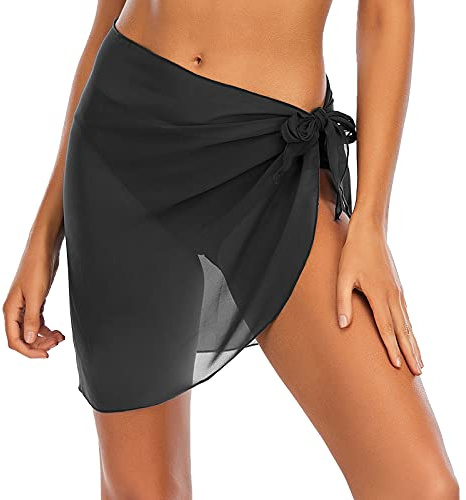 Jamron Femmes Paréo Court Cache Maillot de Bain Wrap de Plage Couverture de Bikini Jupes en Mousseline, Multifonctionnel, Transparent Noir M