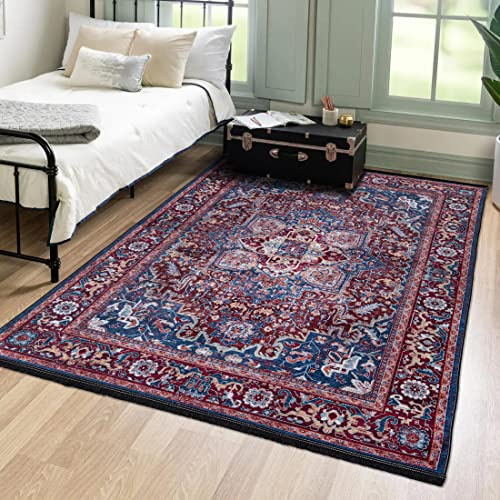 Mazovia Tappeto Salotto Moderno - Tapeto Stampato a Pelo Corto - Morbido Tappeto Camera da Letto - Antiscivolo Tapeto VICTORIA - Tappeto Salotto Motivo Vintage Orientale - Rosso Blu 120x170cm