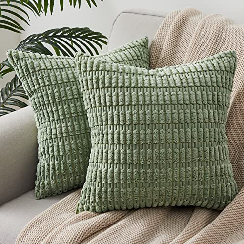 Topfinel Sage green Cushion Covers 40cm x 40cm,Corduroy Decorative Fluffy Pillows Cases,Cushions Cover 16x16 inches with Invisible Zipper for Sofa Bed Livingroom Bedroom,Pack of 2