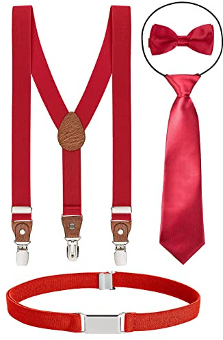 BomGuard Set di 4, Bretelle per bambino rosse + papillon + cravatta + cintura, rosso scuro