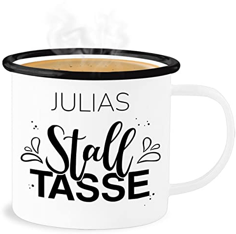 Emaille Becher Blechbecher - Pferd - Stalltasse Name Stall Geschenk Pferde Mädchen - 300 ml - Weiß Schwarz - tasse pferdemotiv pferden stable tassen emaille+tasse+kinder+personalisiert