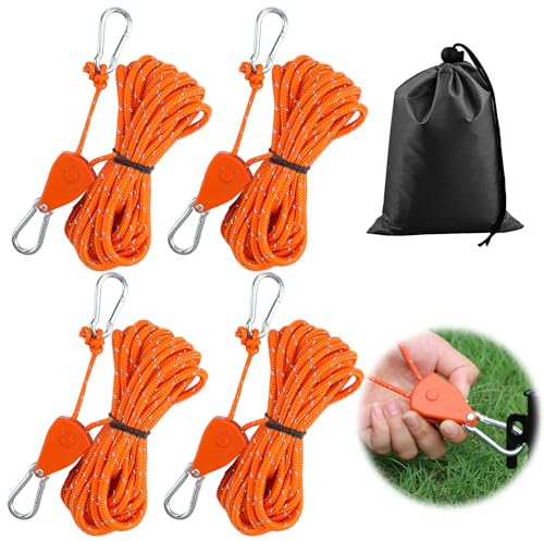 Tyafzzn 4 Stück 4mm Verstellbarer Seil Ratsche, 4m Abspannseile mit seilspanner, Einstellbare Ratchet Hanger, Zeltschnur mit Aufbewahrungstasche, Reflektierende Abspannseile für Sonnensegel (Orange)