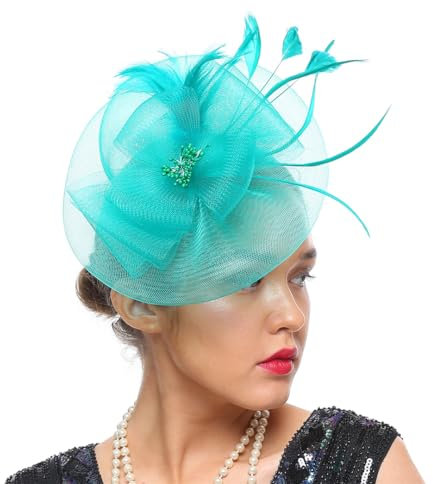 Kopfbedeckung, Fascinator für Damen, Teeparty, Hüte, Derby, Cocktail, Netzstoff, Blumenfedern, Stirnband mit Haarspange, türkis, Einheitsgröße