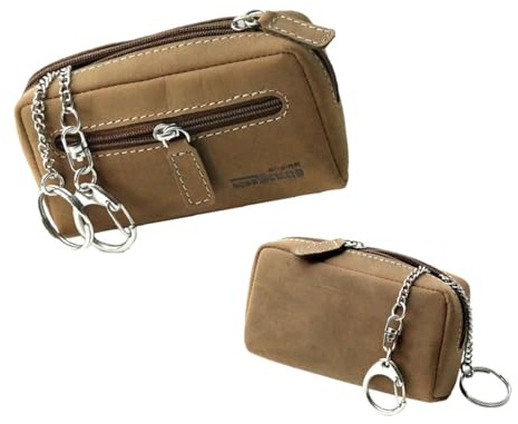 Schlüsseltasche Leder groß braun Büffelleder Schlüsseletui Schlüsselmäppchen mit Münzfach und Karabiner und Schlüsselring