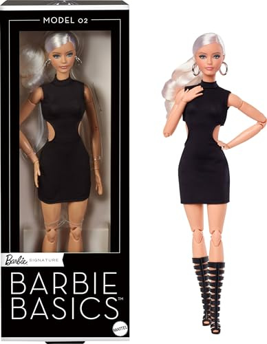 Barbie Basics Poupée Barbie modèle 2 Poupée de Collection Blonde avec Petite Robe Noire et Bottes à Lacets, Corps articulé et tête de poupée Interchangeable, JBH71