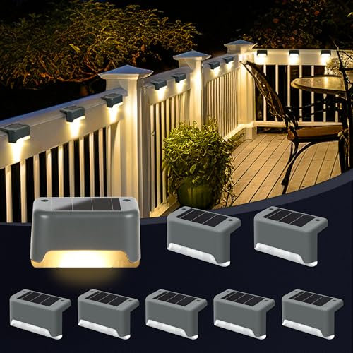 GIGALUMI Solar Fence Lights Outdoor Garden, 8 Pack Solar Step Lights, Waterproof Deck Decorative Lighting for Stairs, Yard, Patio, Gutter, Garden, Pathway Decoration (Grey, Warm White)