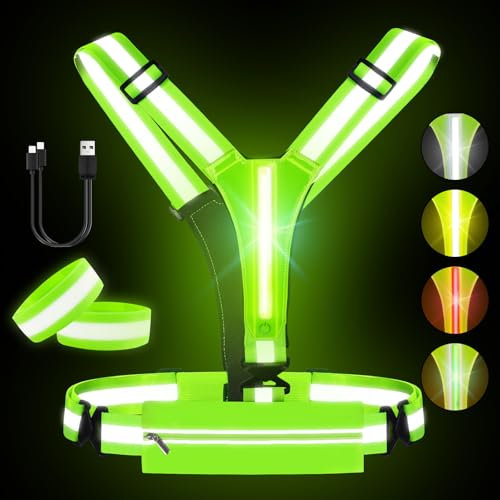 5 Farben LED Laufweste Reflektorweste Warnweste Wiederaufladbare Lauflampe mit Tasche und reflektierenden Armband,Leuchtweste Einstellbare Aufladbar USB Lauflicht für Joggen Wandern oder Radfahren