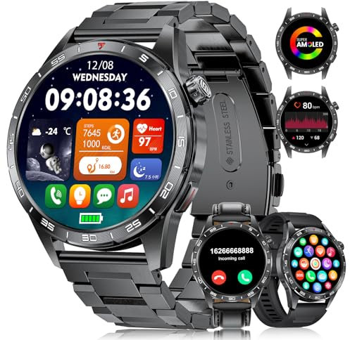 FOXBOX Smart Watch for Men (3 Straps),1.43'' AMOLED Fitness Waterproof Smartwatch,100+ Sport Modes with Bluetooth,Heart Rate, Sleep Calorie Blood Oxygen Monitor for Android iOS 400mAh Black