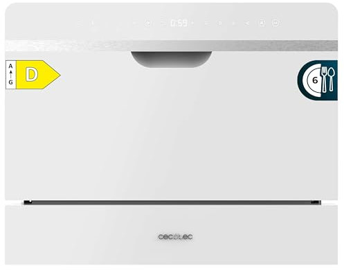 Cecotec Lavavajillas Compacto Semi Integrable 6 Cubiertos Bolero Aguazero 2500 S-BI White Glass. 1380W, Acabado Cristal Blanco, Bajo Consumo, 5 Programas, Panel Táctil, Comienzo Diferido