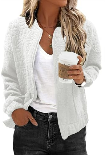 EVALESS Spring Jacket for Women Lightweight Womens Fall Outfits Cute Floral Bomber Jackets Short Summer Outerwear for Womens Trendy 2026 Stand Collar Long Sleeve Zip Up Tops Work Clothes, White Large