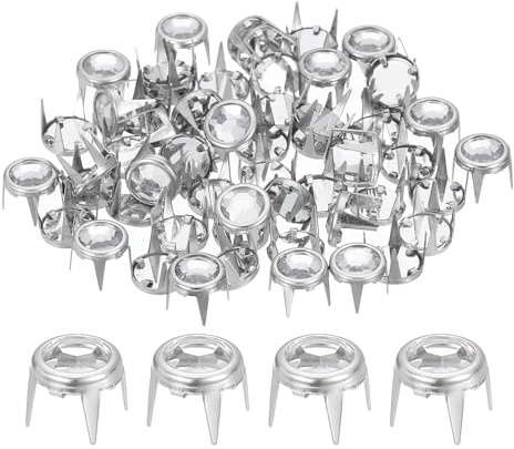 QUARKZMAN 80pz Borchie Strass, 8mm Piedini per Borse Rivetti Decorativi Rotondi Perline Cristallo Punk per Fai Da Te Pelle Tessuto Vestiti Cinture Zaini Accessori Artigianato, Argento/Bianco