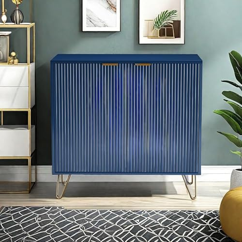 KeepGoon Armario de doble puerta, armario con dos puertas, aparador alto, líneas verticales con patas doradas, zapatero, armario para dormitorio, sala de estar y oficina, color azul oscuro